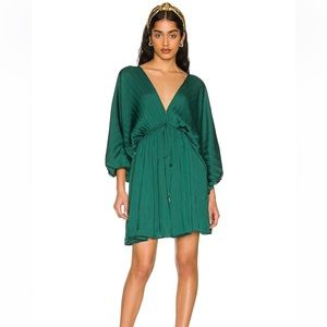Free People FP Arzel mini dress pleated NWT emerald green palm leaf